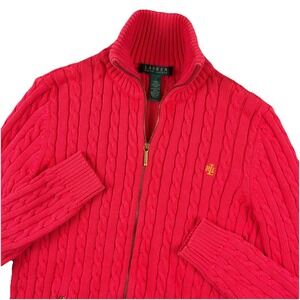 Lauren Ralph Lauren Sweater Women Small Pink Cable Knit Full Zip Cotton Preppy